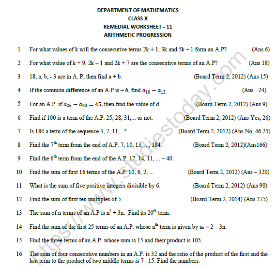 Arithmetic Progression Worksheet Class 10 Pdf Tech4liv